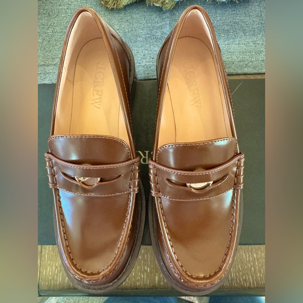J Crew Spazzolato Penny Coin Loafers Size 6.5 Brown Leather  BT884, $228 MSRP